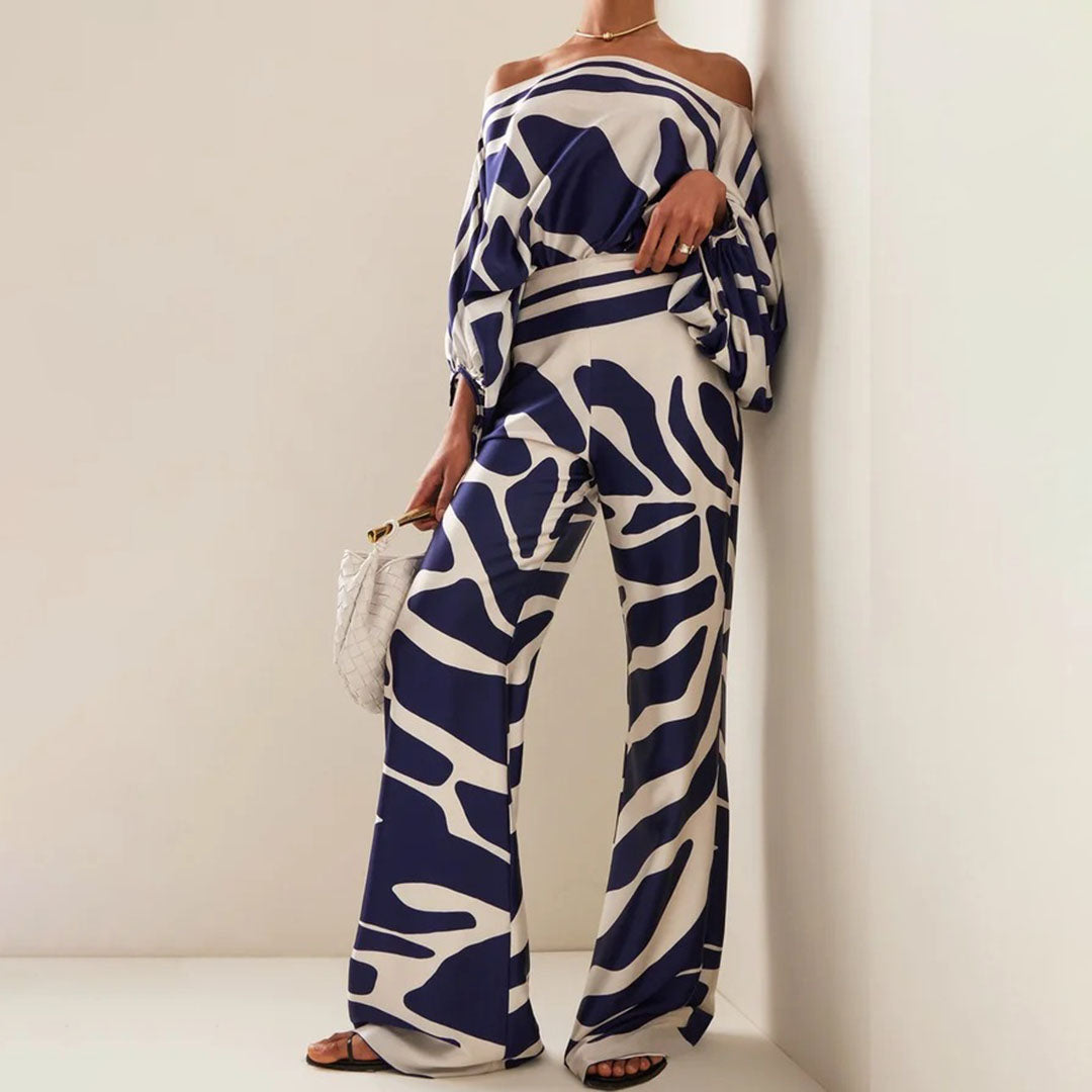 Women's One Shoulder Striped Top and Trouser Set