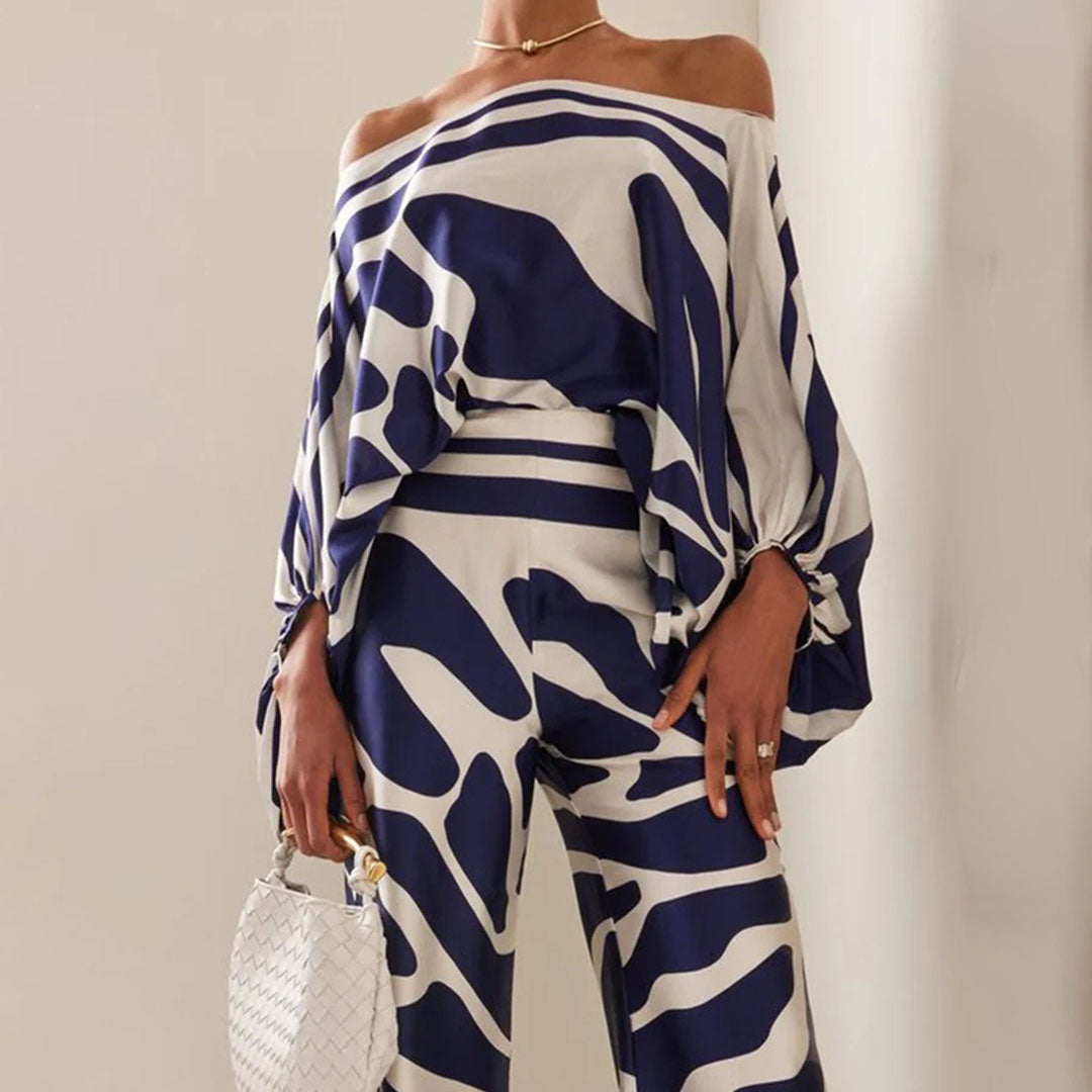 Women's One Shoulder Striped Top and Trouser Set