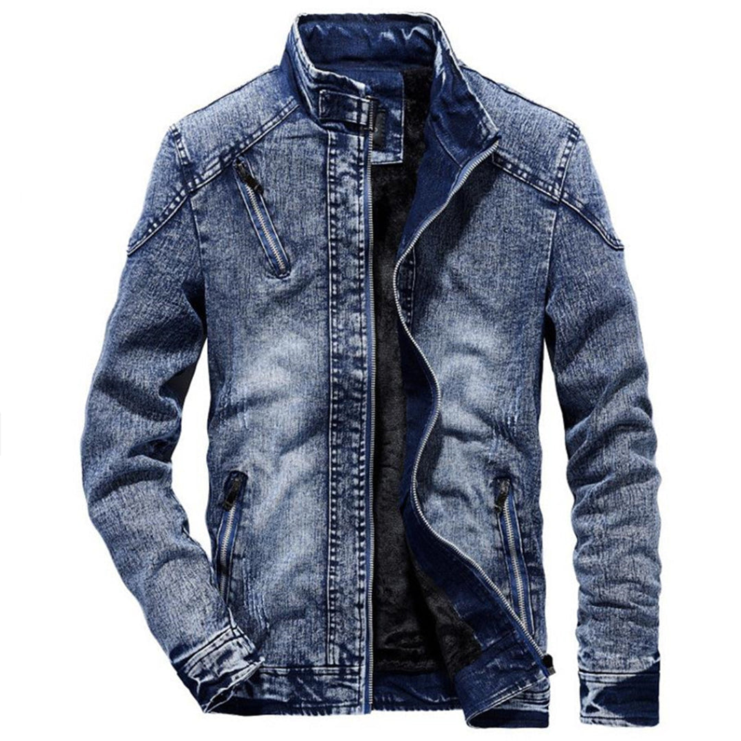 Men's Stand Collar Zip Up Denim Jacket in Blue