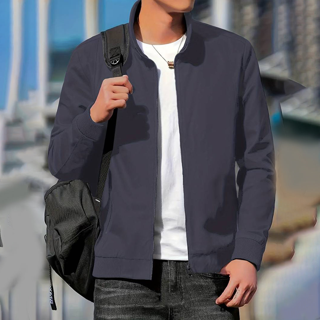 Men's Contrast Sleeve Ribbed Trim Bomber Jacket in Blue