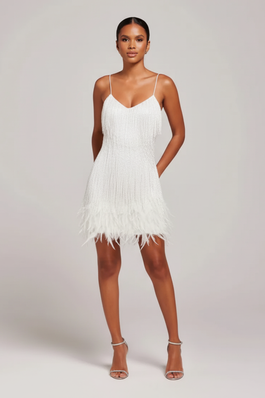 Women's Sequin Feather Trim Mini Dress in White