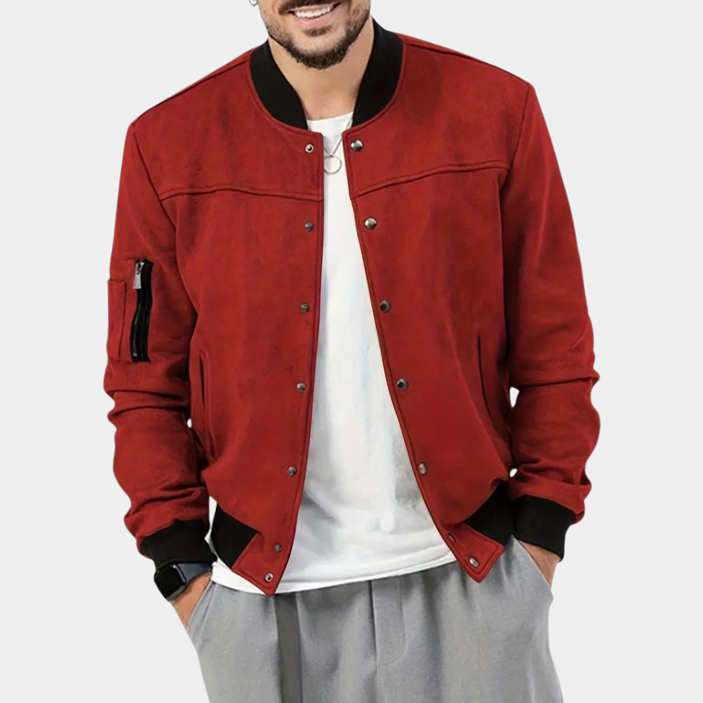 Men's Sleeve Pocket Ribbed Trim Bomber Jacket in Red