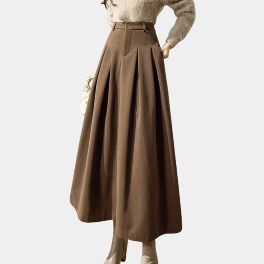 Women's High Waisted Pleated Button Front Skirt in Brown