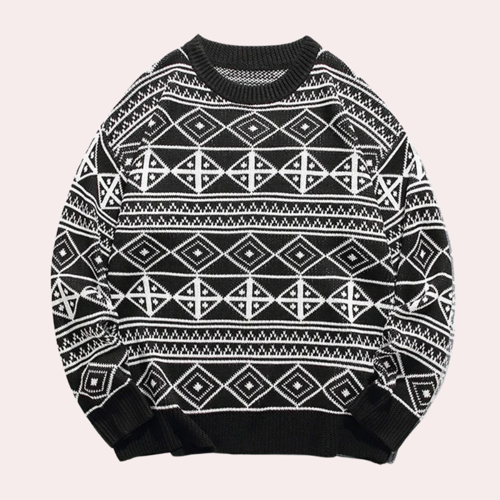 Men's Monochrome Geometric Crew Neck Jumper in Black