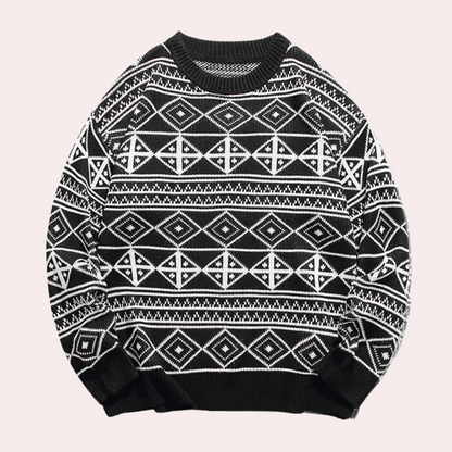 Men's Monochrome Geometric Crew Neck Jumper in Black