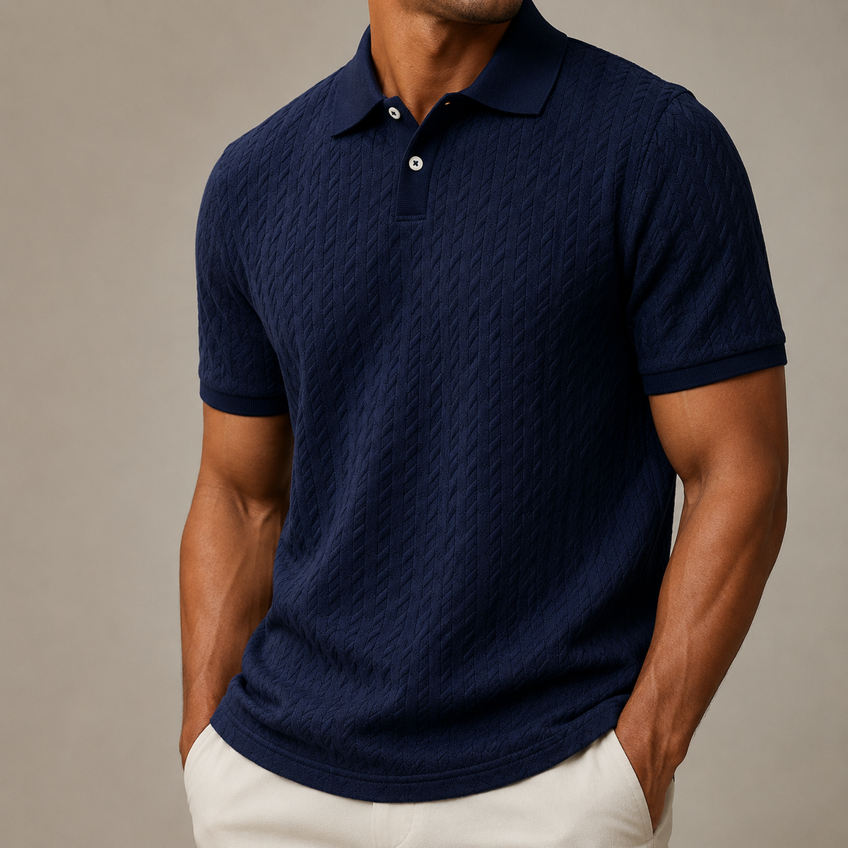 Men's Beige Cable Knit Polo Shirt in Navy