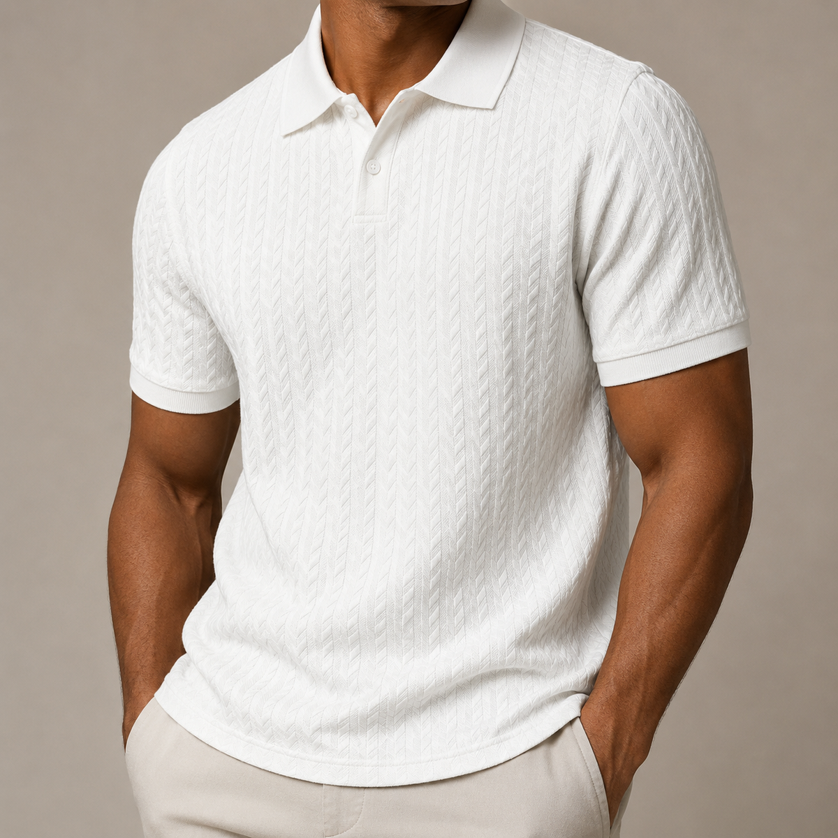 Men's Beige Cable Knit Polo Shirt in White