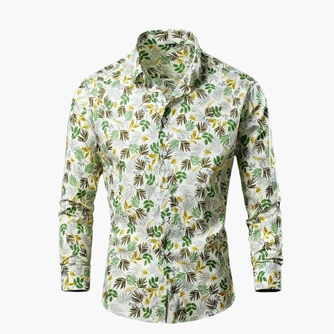 Men's White Button Front Shirt in White / Green