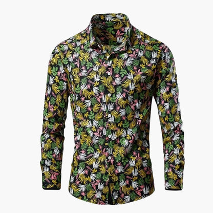 Men's White Button Front Shirt in Green