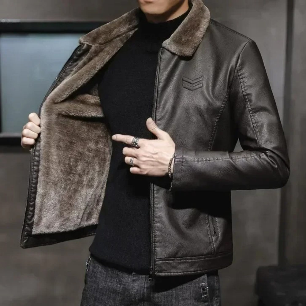 Men's Fleece Lined Fur Collar Faux Leather Jacket in Coffee