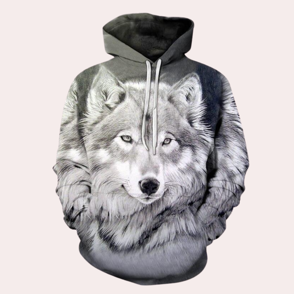 Men's Wolf Print Drawstring Hoodie in Grey