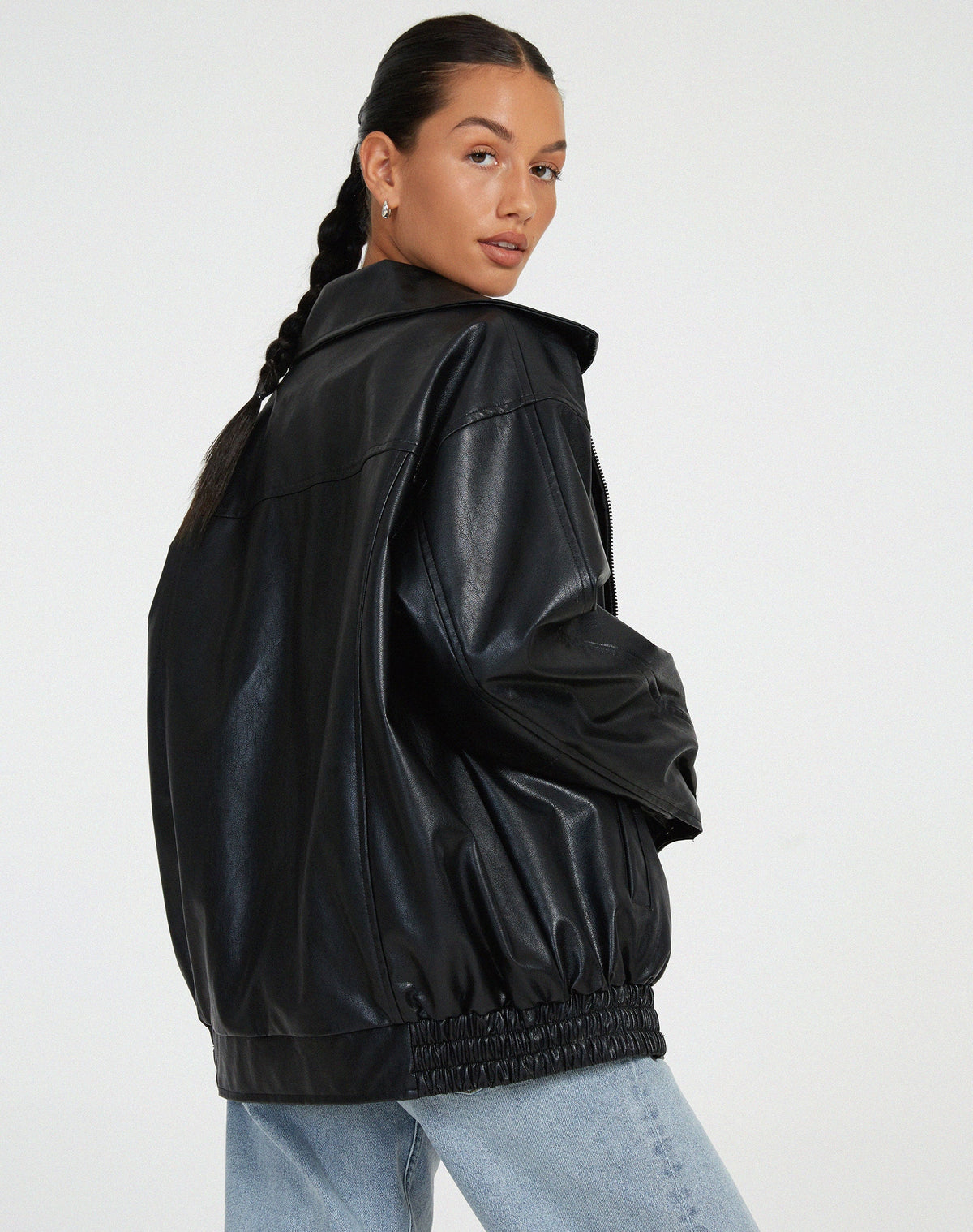 Women's Oversized Collared Faux Leather Bomber Jacket view 8