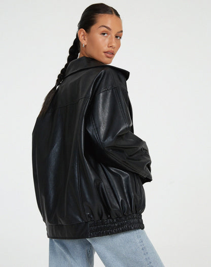 Women's Oversized Collared Faux Leather Bomber Jacket view 8