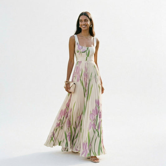 Women's Light Blue Floral Maxi Dress in White