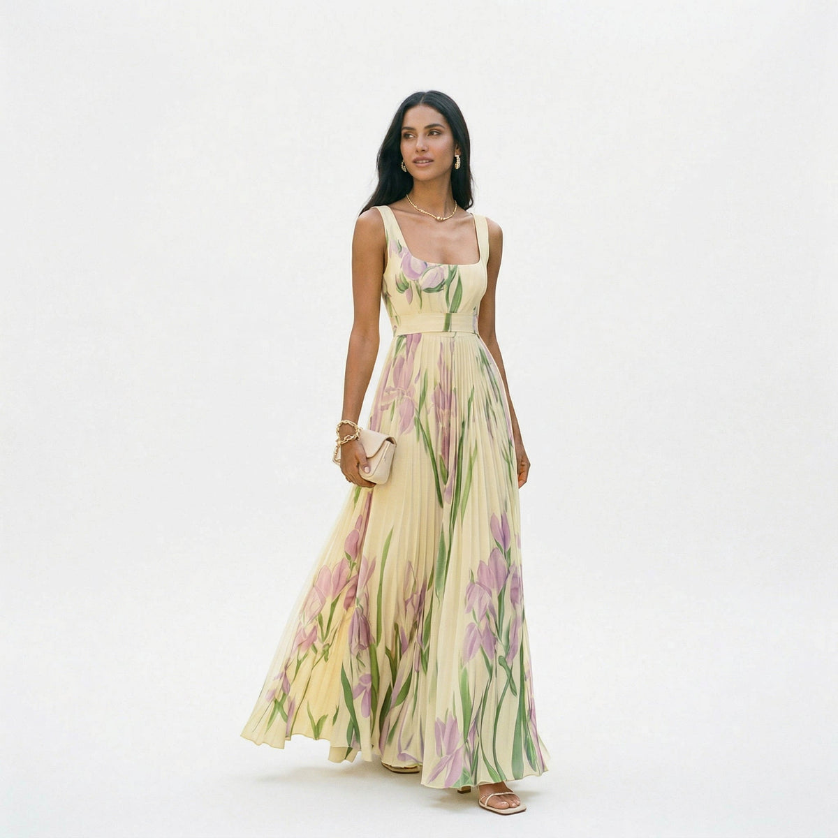 Women's Light Blue Floral Maxi Dress in Yellow