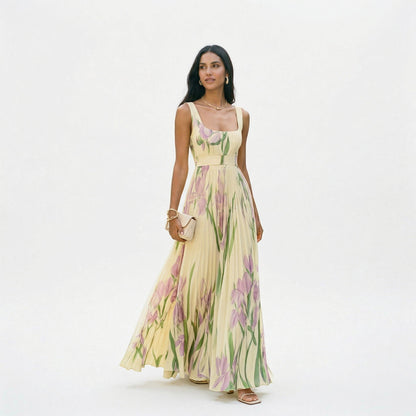 Women's Light Blue Floral Maxi Dress in Yellow