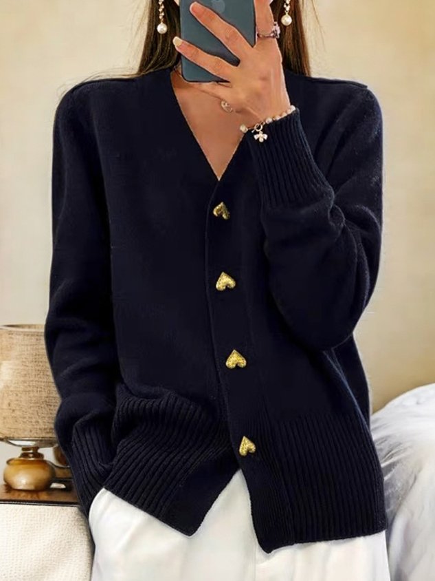Women's Gold Button V Neck Knitted Cardigan