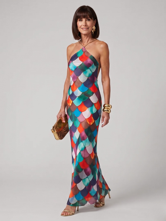Women's Geometric Halter Neck Maxi Dress in Multicolor