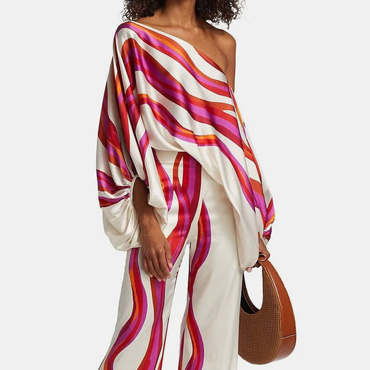 Women's One Shoulder Striped Top and Trouser Set