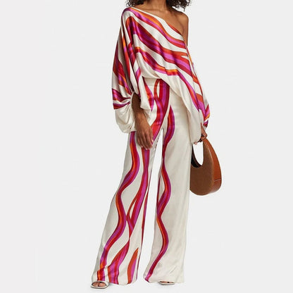 Women's One Shoulder Striped Top and Trouser Set in Fuschia