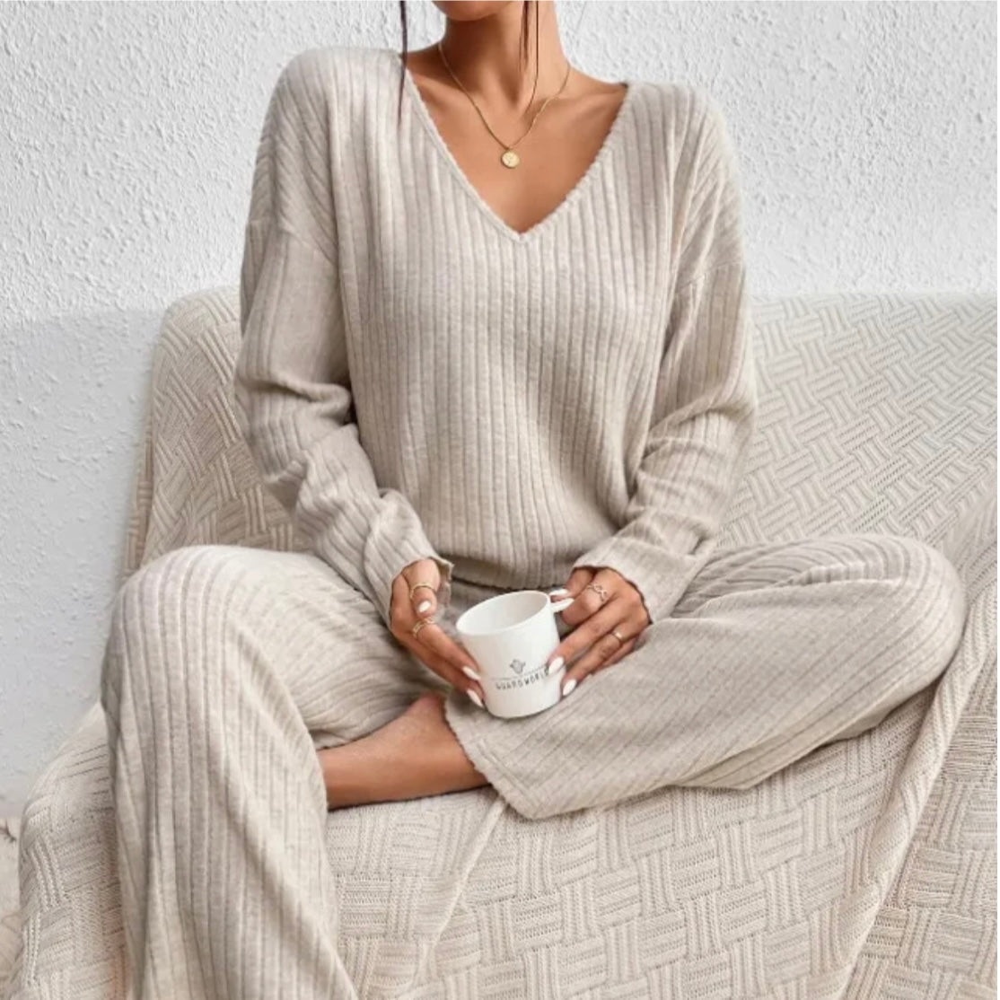 Women's Ribbed V Neck Two Piece Set view 2