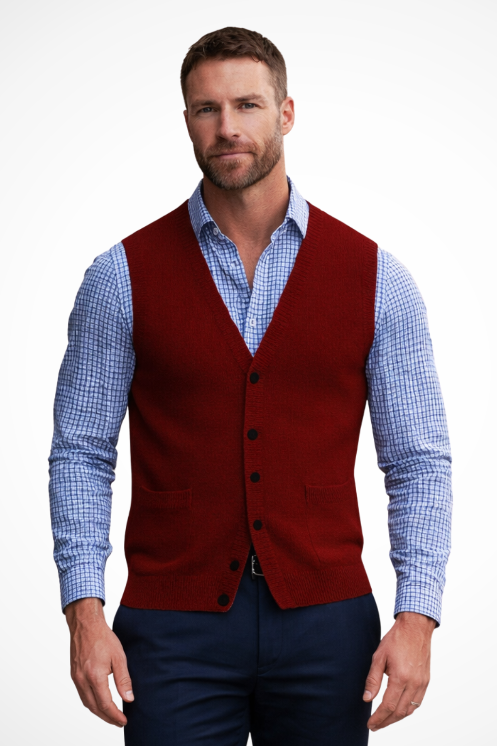 Men's V Neck Sleeveless Gilet With Pockets in Red