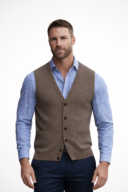 Men's V Neck Sleeveless Gilet With Pockets in Brown