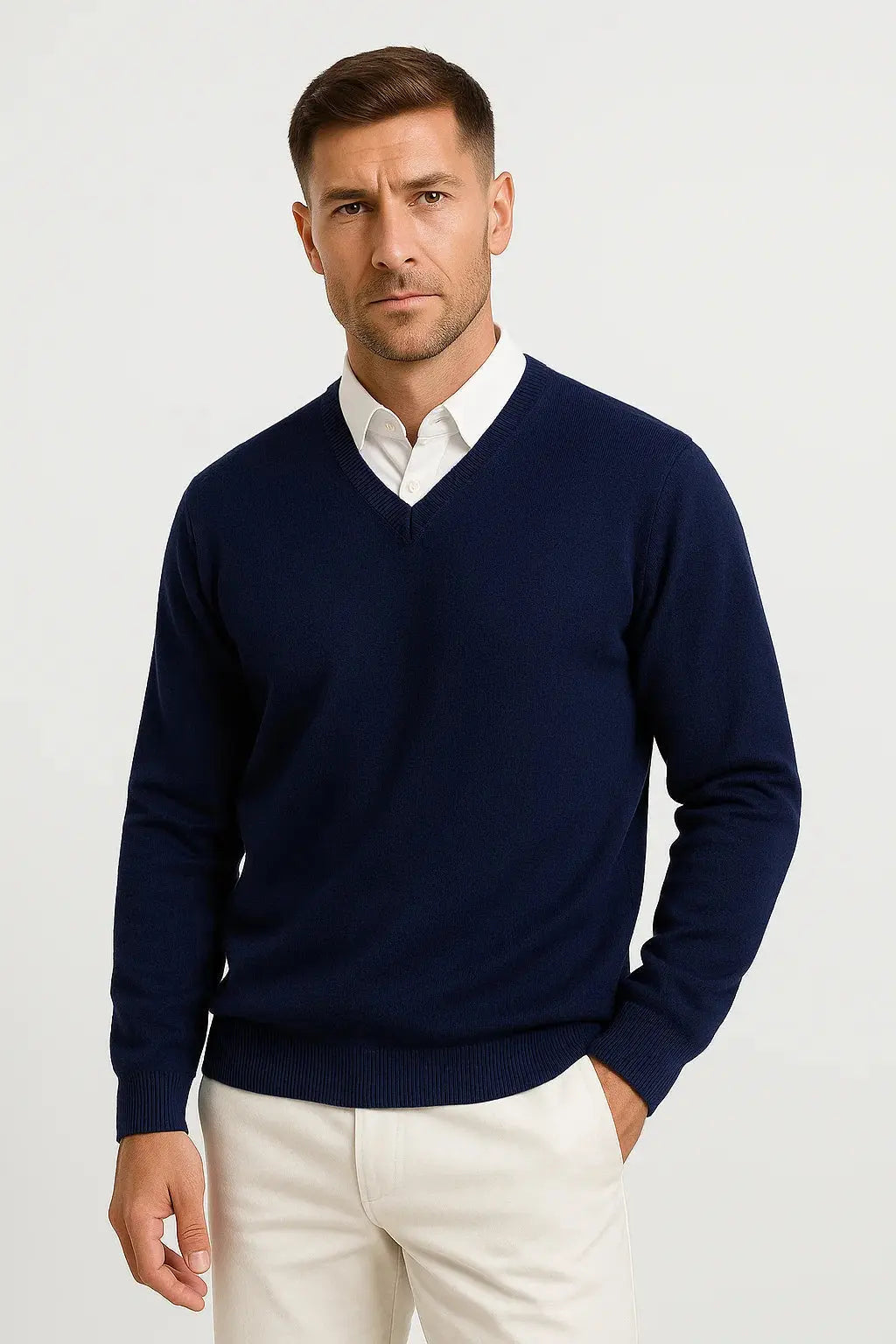 Men's Slim Fit V Neck Jumper in Navy Blue