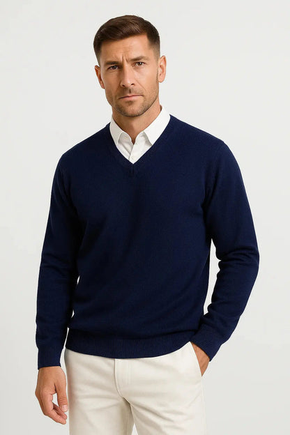 Men's Slim Fit V Neck Jumper in Navy Blue