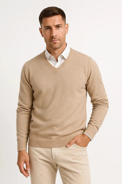 Men's Slim Fit V Neck Jumper in Camel