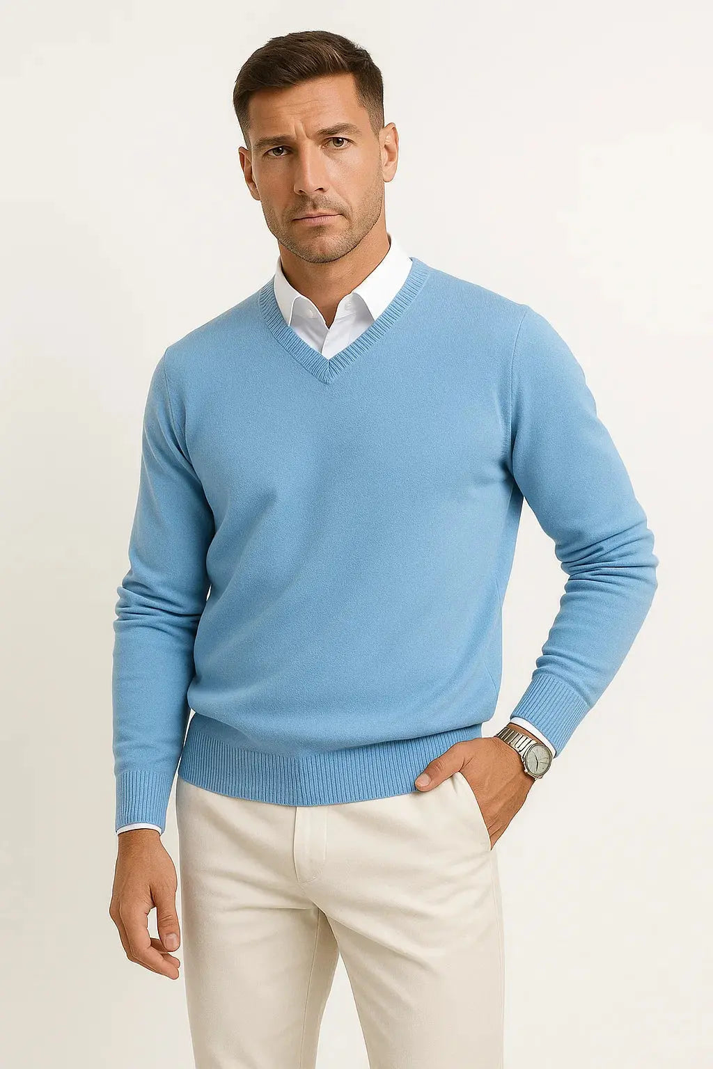 Men's Slim Fit V Neck Jumper in Light Blue
