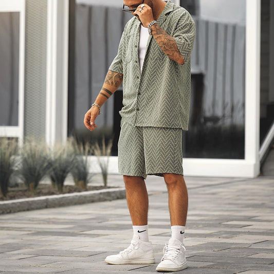 Men's Short Sleeve Printed Two Piece Set in Greyish Green