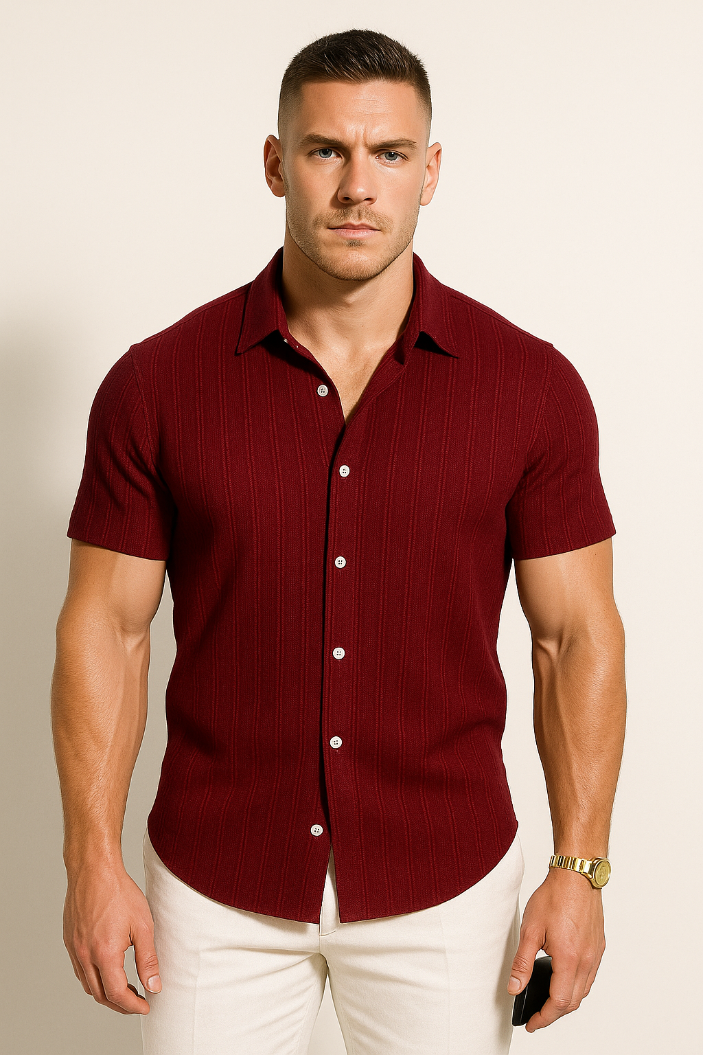 Men's Light Blue Short Sleeve Shirt in Wine Red