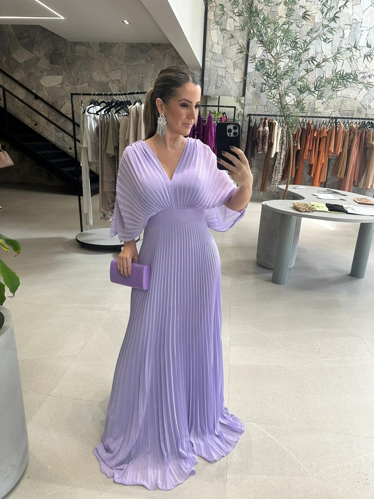 Women's Light Blue Pleated Maxi Dress in Purple