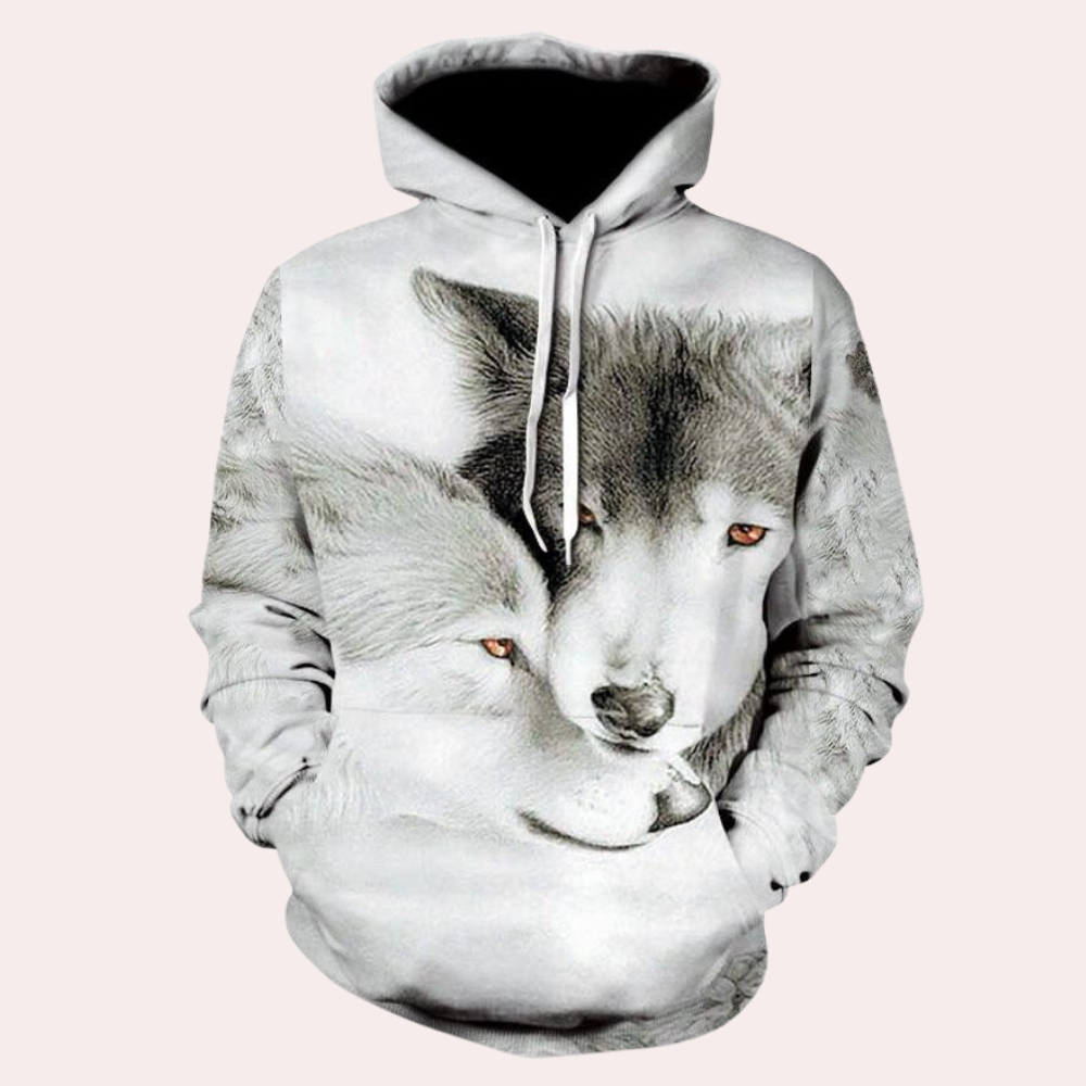 Men's Wolf Print Drawstring Hoodie in White