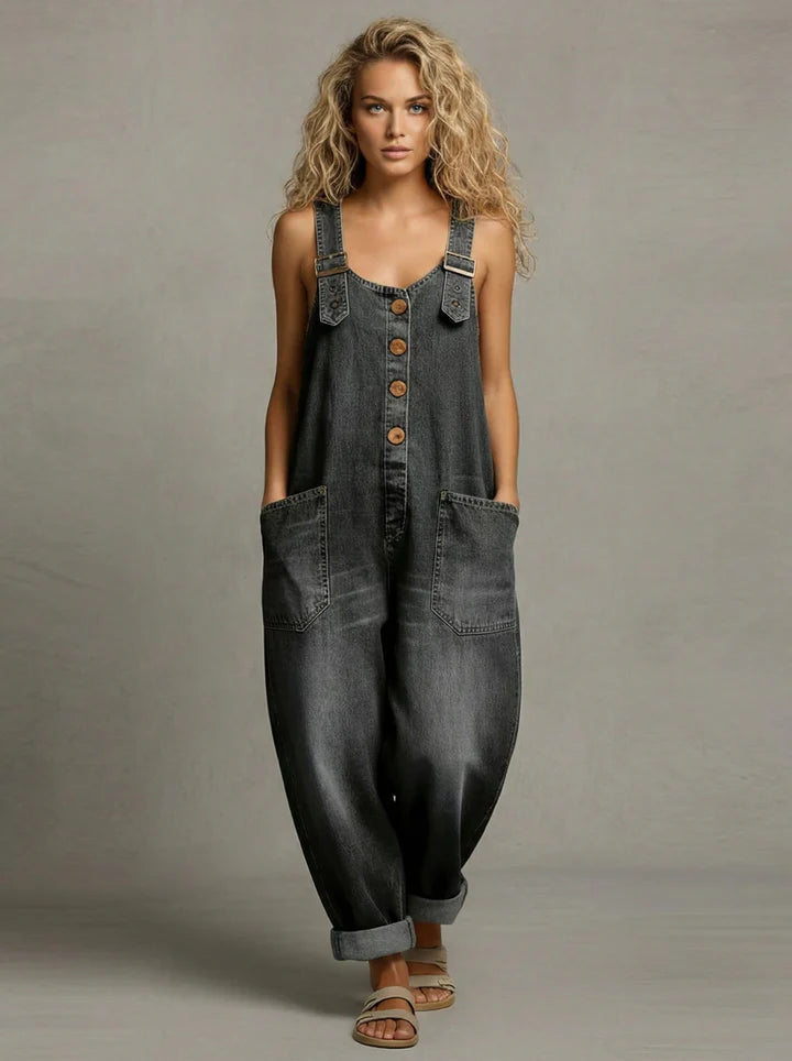 Women's Button Front Denim Dungaree Jumpsuit view 4