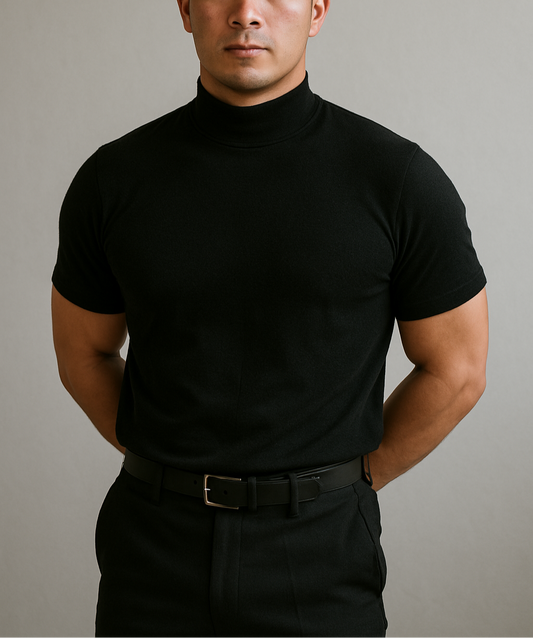 Men's Roll Neck Short Sleeve T Shirt in Black