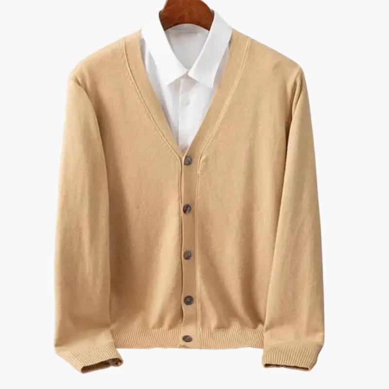 Men's Knitted V Neck Button Front Patch Pocket Cardigan in Khaki