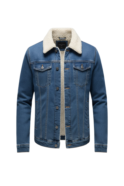 Men's Lapel Collar Denim Jacket in Dark Blue