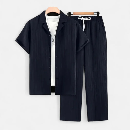Men's Relaxed Fit Drawstring Short Sleeve Button Front Two Piece Set in Navy Blue