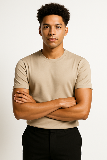 Men's Knitted Slim Fit Crew Neck Short Sleeve T Shirt in Beige