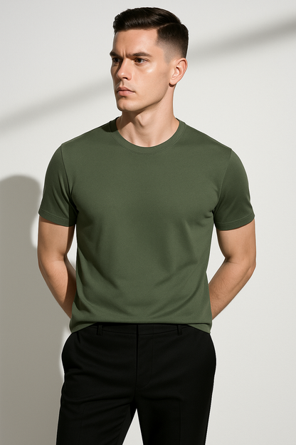 Men's Knitted Slim Fit Crew Neck Short Sleeve T Shirt in Green
