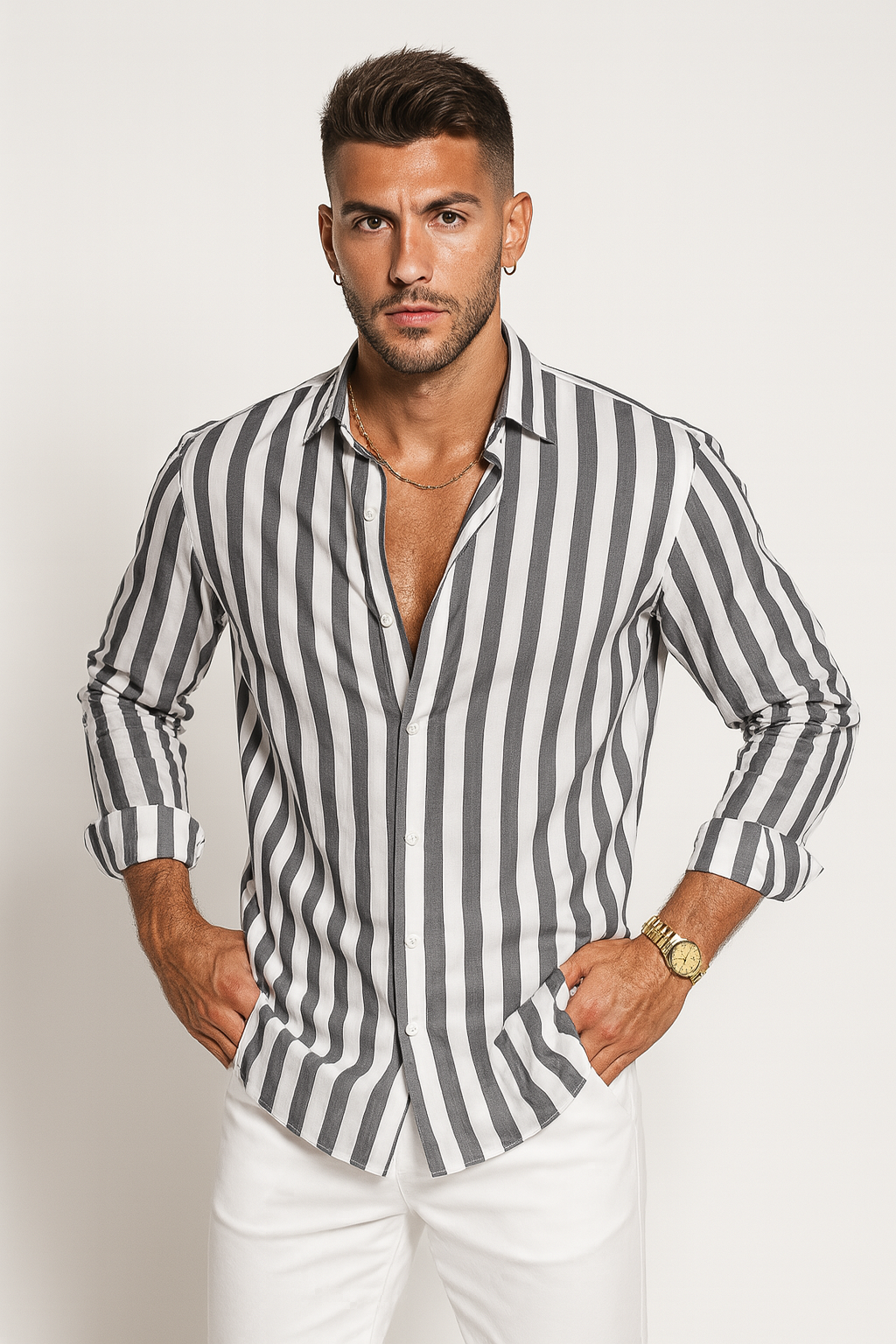 Men's Button Front Striped Shirt in Grey