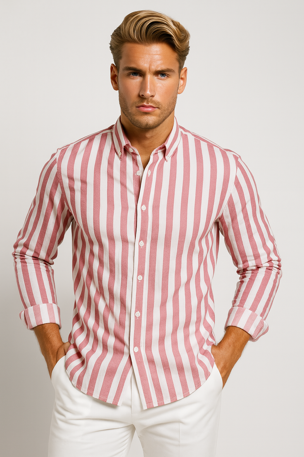 Men's Button Front Striped Shirt in Pink