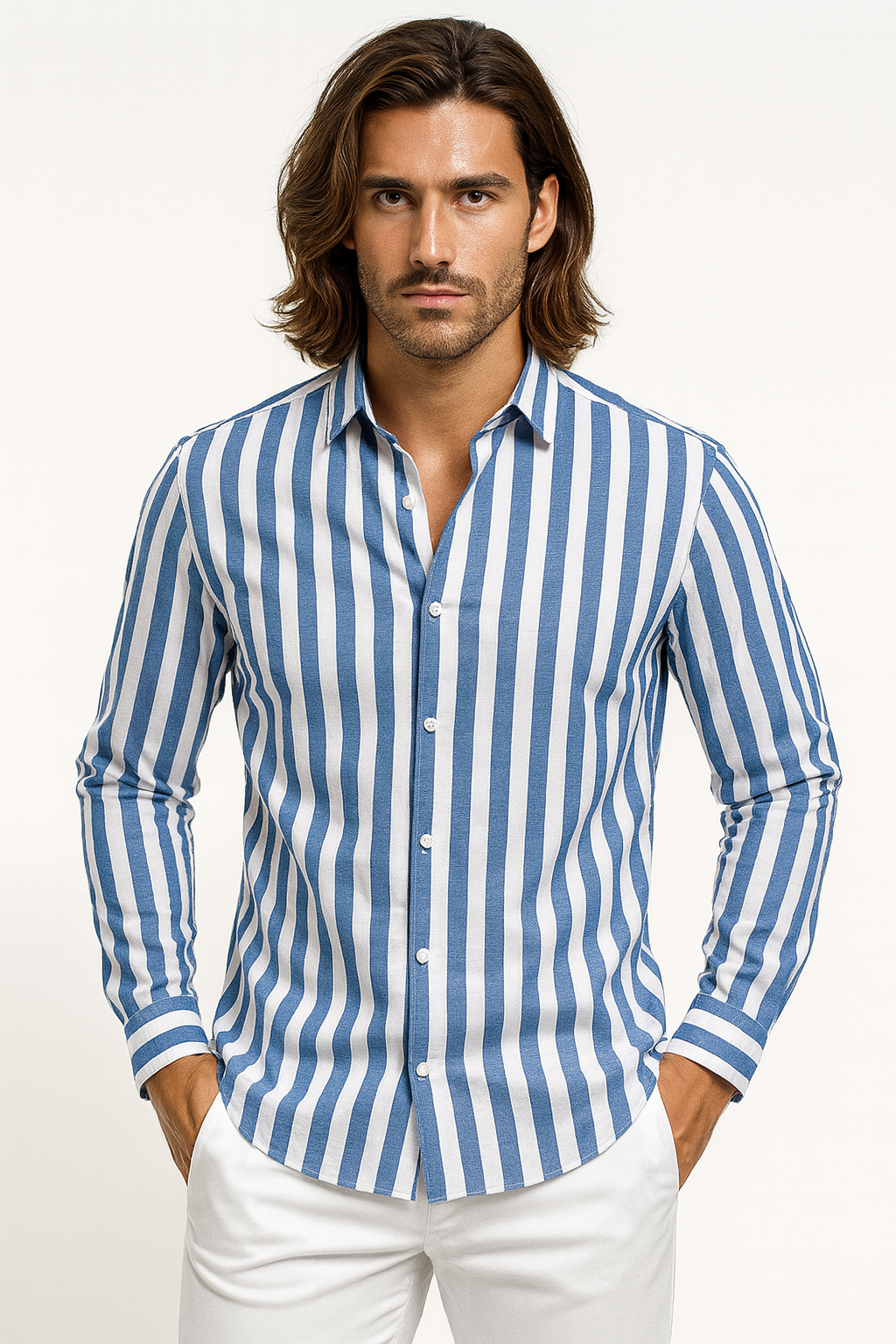 Men's Button Front Striped Shirt in Blue