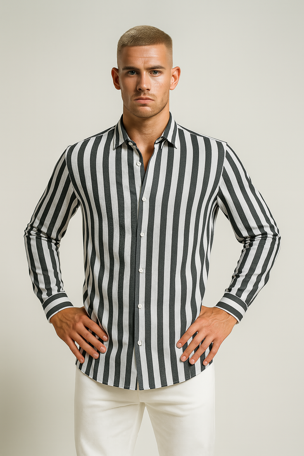 Men's Button Front Striped Shirt in Black
