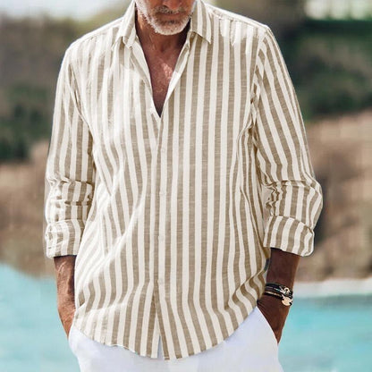 Men's Striped Long Sleeve Casual Shirt in Khaki
