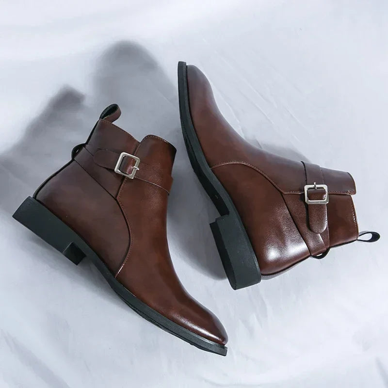 Men's Zip Up Ankle Strap Casual Chelsea Boots in Brown