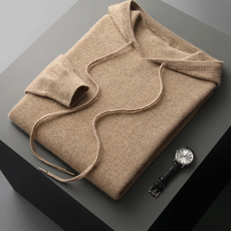 Men's Plain Drawstring Pullover Hoodie in Beige