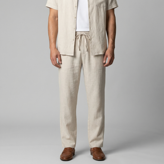Men's Beige Slim Fit Trousers in Beige